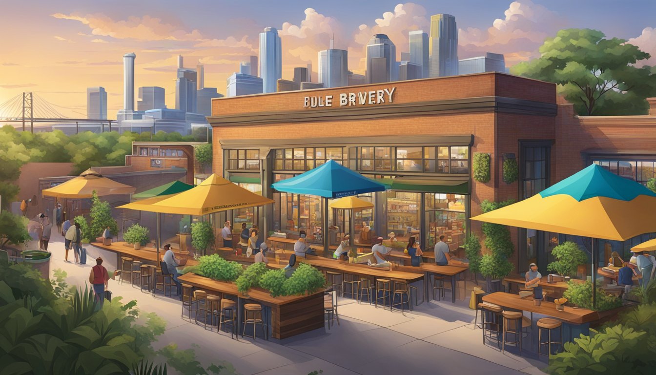 A bustling brewery with colorful murals and outdoor seating, surrounded by lush greenery and a view of the Edinburg, TX skyline