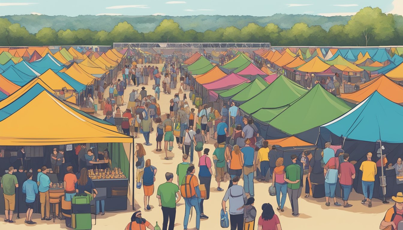 A bustling craft beer festival in Lewisville, TX, with rows of colorful tents, live music, and people sampling various brews