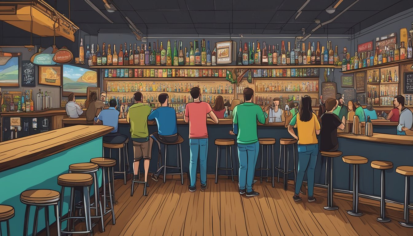 A bustling taproom with patrons sampling various craft beers from the local breweries in Lewisville, TX. Colorful beer taps line the bar, and a chalkboard displays the current offerings