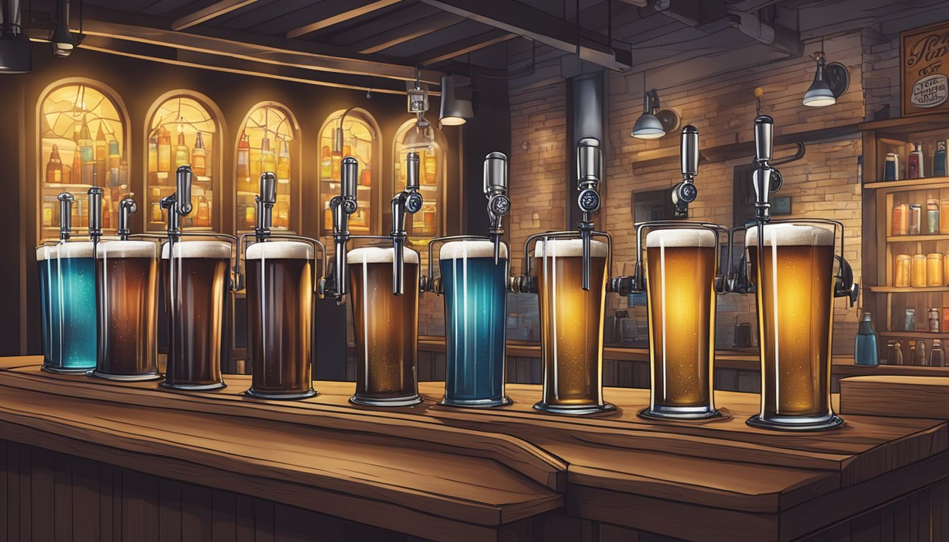 A cozy taproom with a row of taps showcasing various local craft beers, with the spotlight shining on the Signature Brews logo