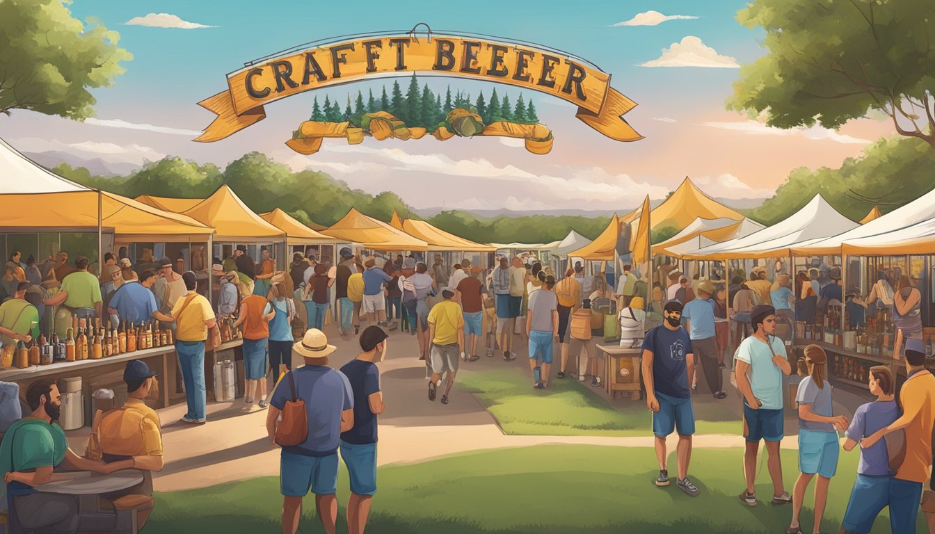 A bustling craft beer festival in Edinburg, TX, with a variety of local breweries showcasing their unique brews in a vibrant outdoor setting