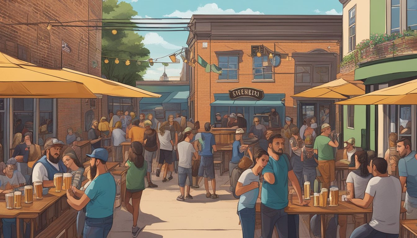 A bustling craft brewery scene in Edinburg, TX, with patrons enjoying local beer, live music, and food trucks