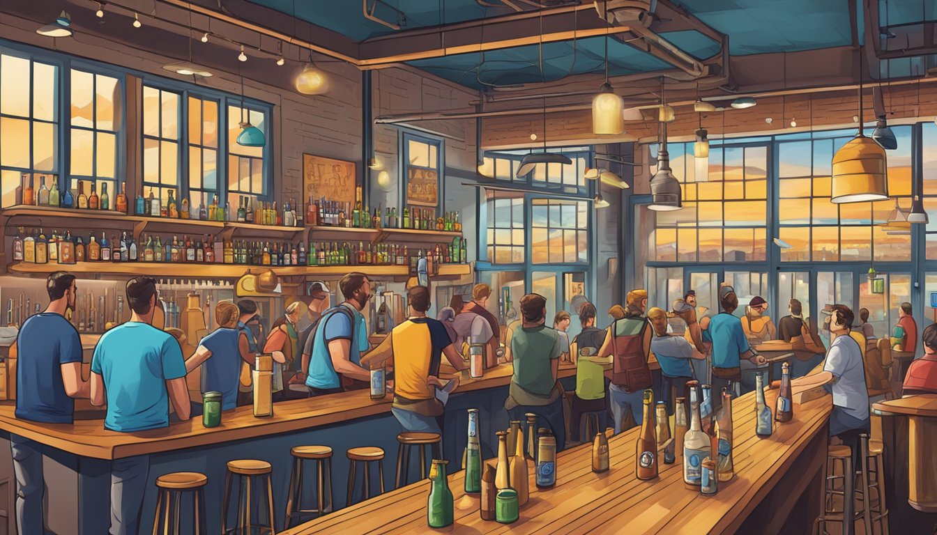 A bustling craft brewery scene in Dallas, with colorful tap handles, beer flights, and locals enjoying the vibrant atmosphere