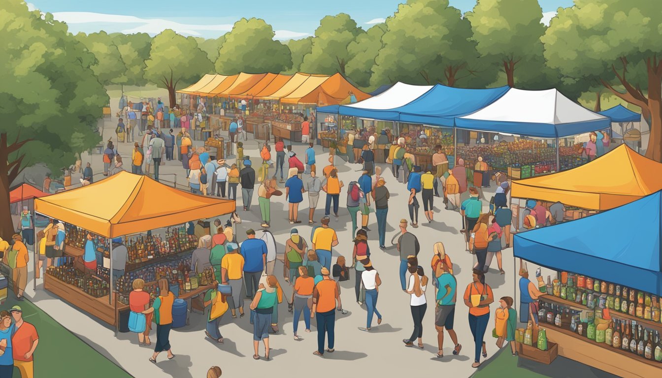 A bustling local craft beer festival in Lewisville, TX, with rows of colorful vendor booths and lively patrons sampling and purchasing various beers