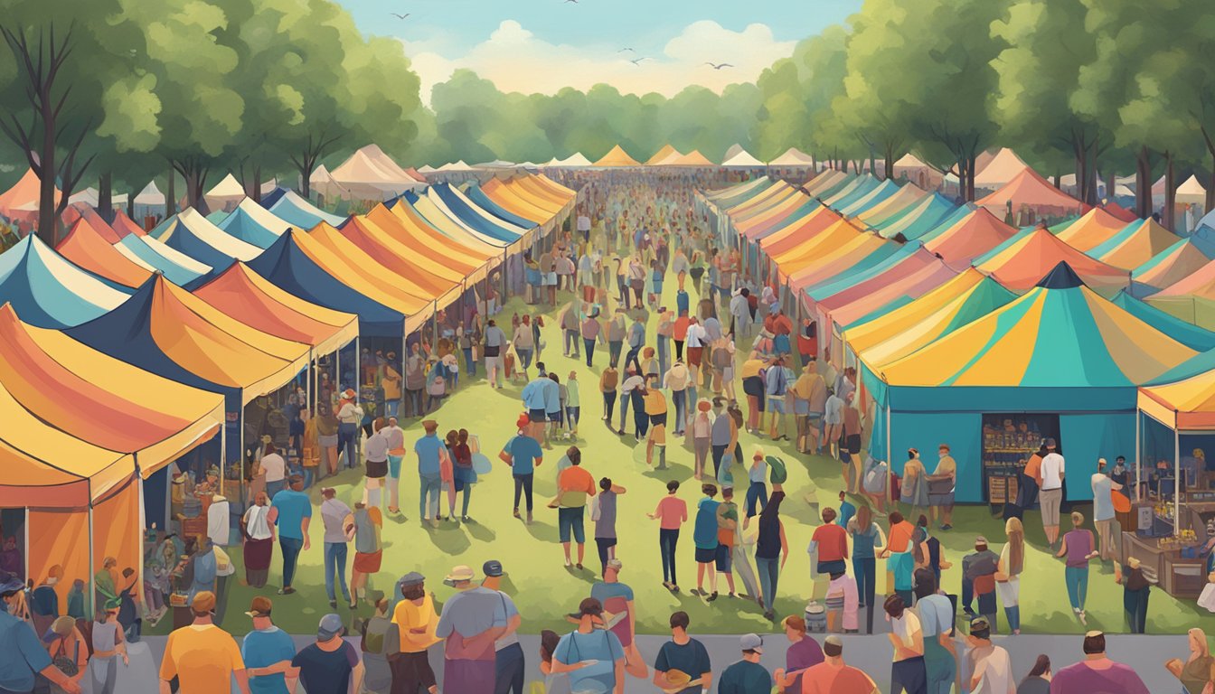 A bustling craft beer festival in Dallas, with rows of colorful tents and a lively crowd sampling various brews