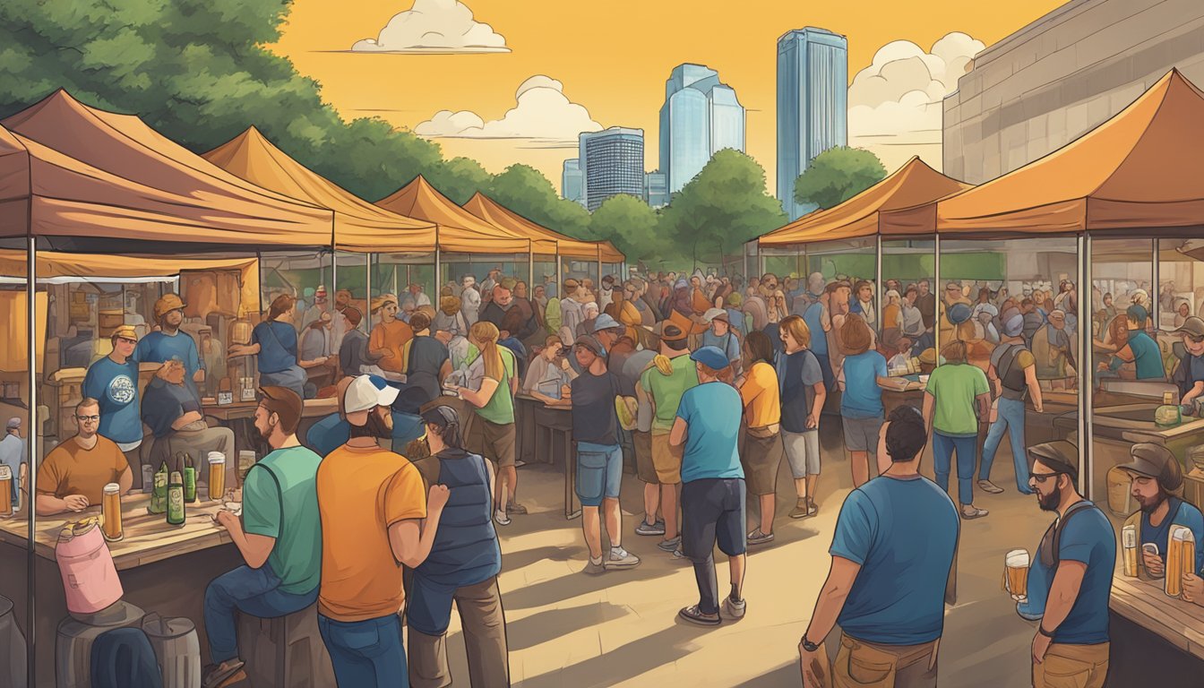 A bustling craft beer festival in Dallas, with a variety of beer styles and flavors on display. Breweries and beer enthusiasts from all over Texas gather to share their unique creations