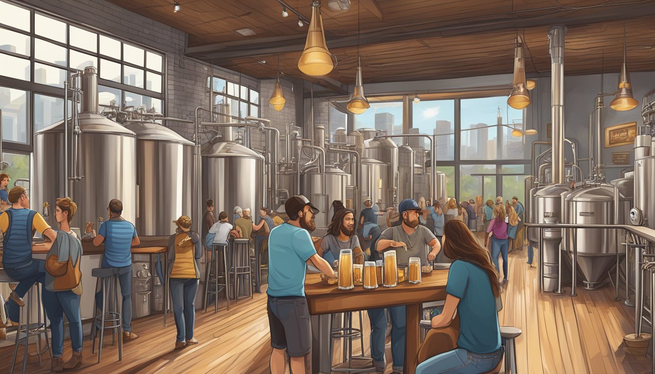 A bustling craft brewery scene in McKinney, Texas, with diverse beer styles, lively taprooms, and local patrons enjoying unique brews