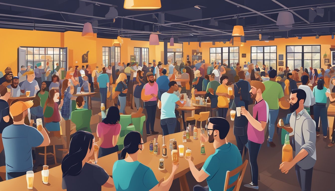 A bustling craft beer tasting event with diverse brews and enthusiastic patrons, set against the backdrop of a vibrant Dallas, Texas brewery