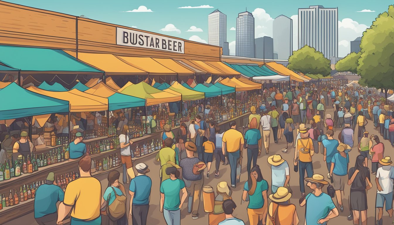 A bustling craft beer festival in Dallas, Texas, with rows of colorful vendor booths and a lively crowd sampling various brews