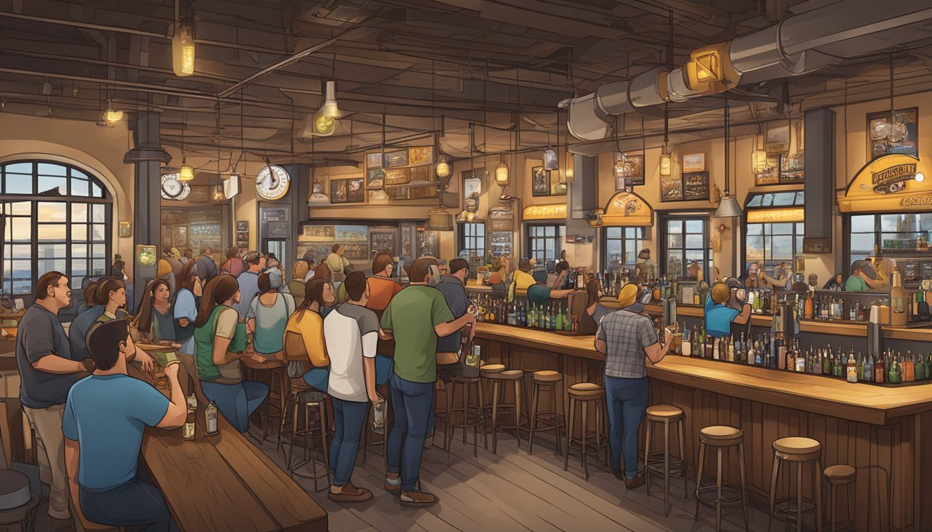 A bustling taproom with a variety of craft beer taps, patrons enjoying tastings and socializing, and the brewery's logo prominently displayed