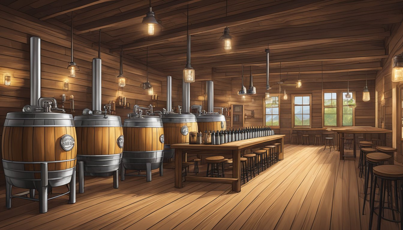 A rustic brewery taproom with a variety of craft beer taps, wooden barrels, and industrial lighting in McKinney, TX