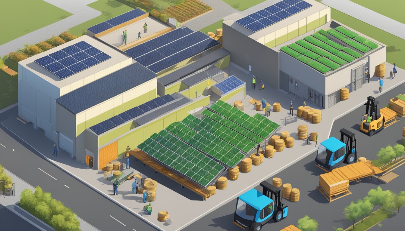 A bustling brewery with solar panels on the roof, a water recycling system, and employees using electric forklifts to transport kegs