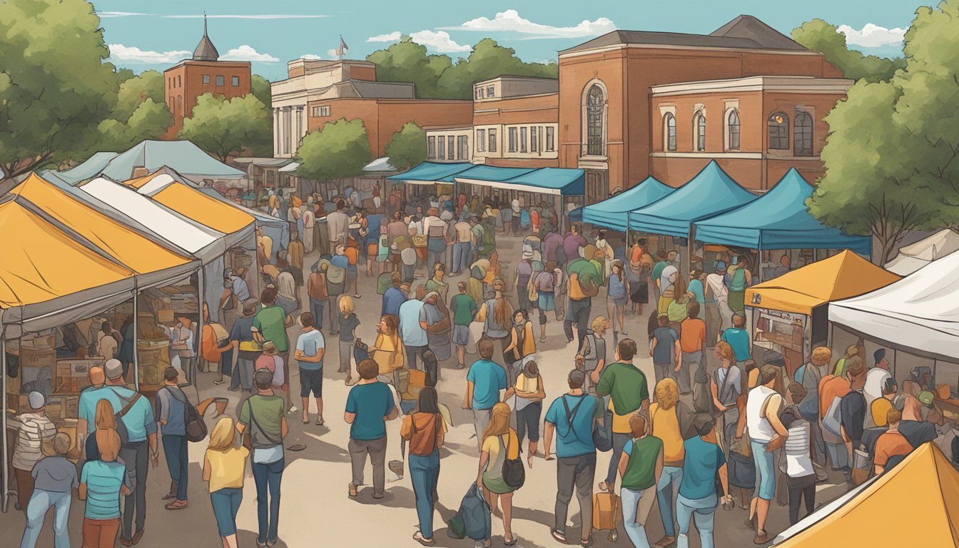 A bustling craft beer festival in McKinney, TX with vendors, live music, and enthusiastic attendees enjoying local brews