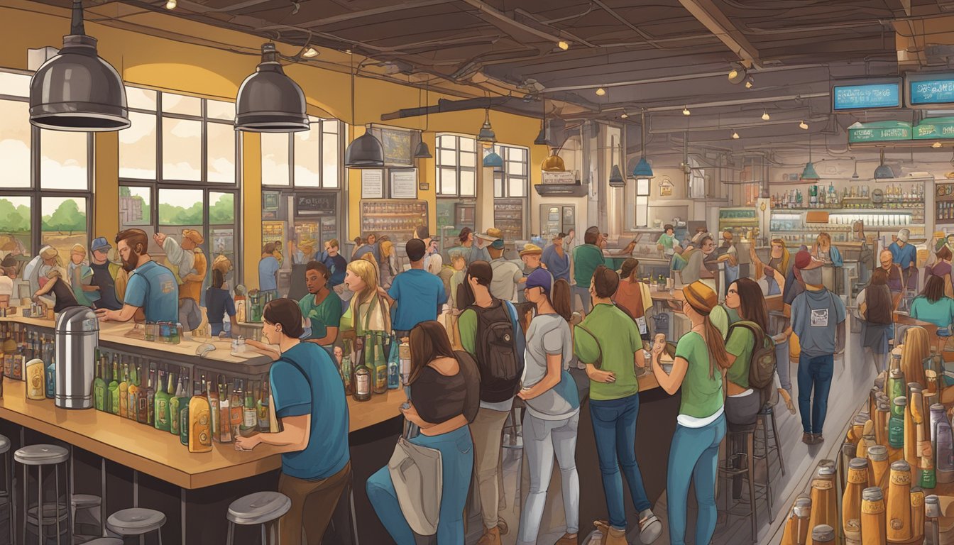 A bustling craft brewery scene in Dallas, with a variety of unique and colorful beer labels on display, patrons enjoying tastings, and local vendors selling beer-related merchandise