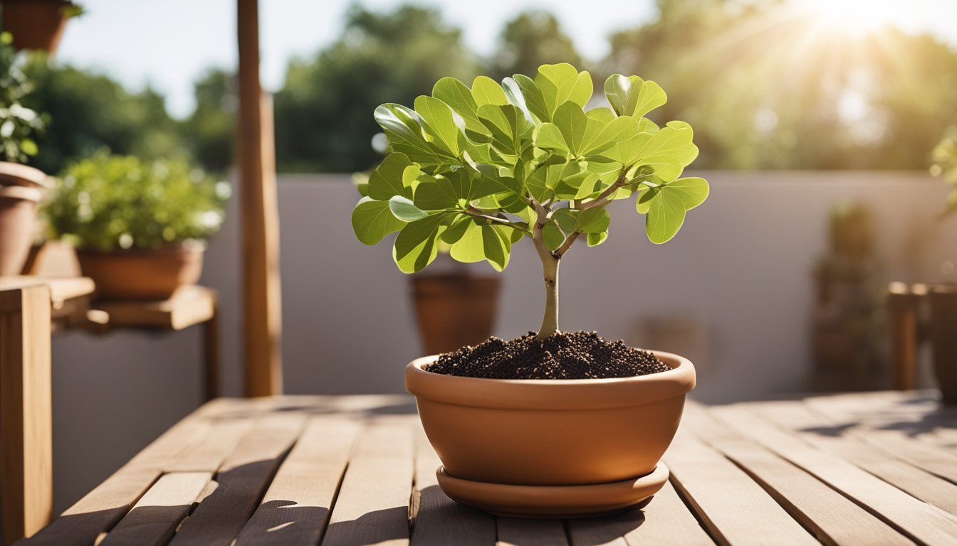 A young fig tree grows in a terracotta pot on a sunny patio, elevated on a wooden stand with gardening supplies nearby