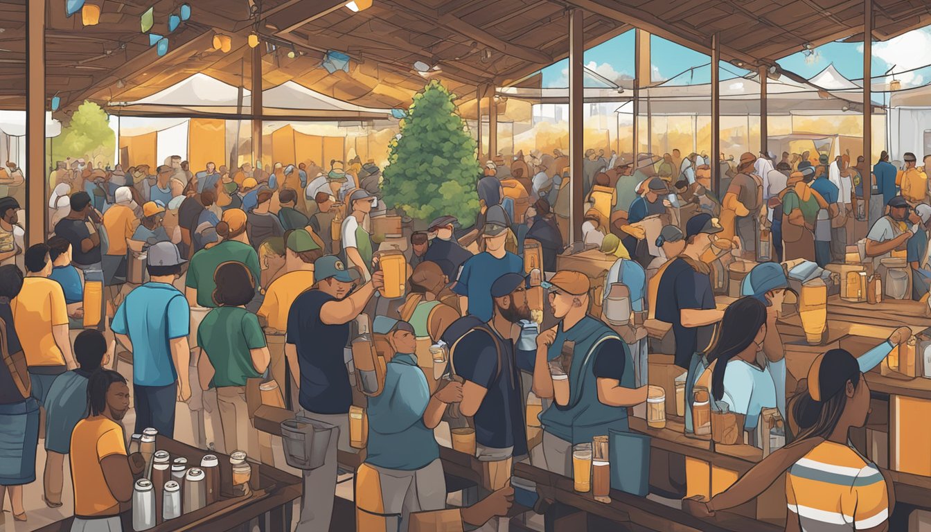 A bustling craft beer festival in Houston, TX, with diverse breweries showcasing their unique flavors and styles to eager beer enthusiasts