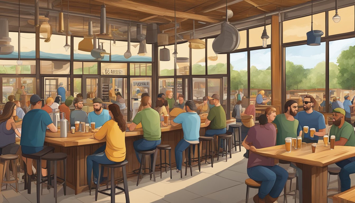 A bustling craft brewery scene with diverse beer styles, lively taprooms, and outdoor seating in New Braunfels, Texas