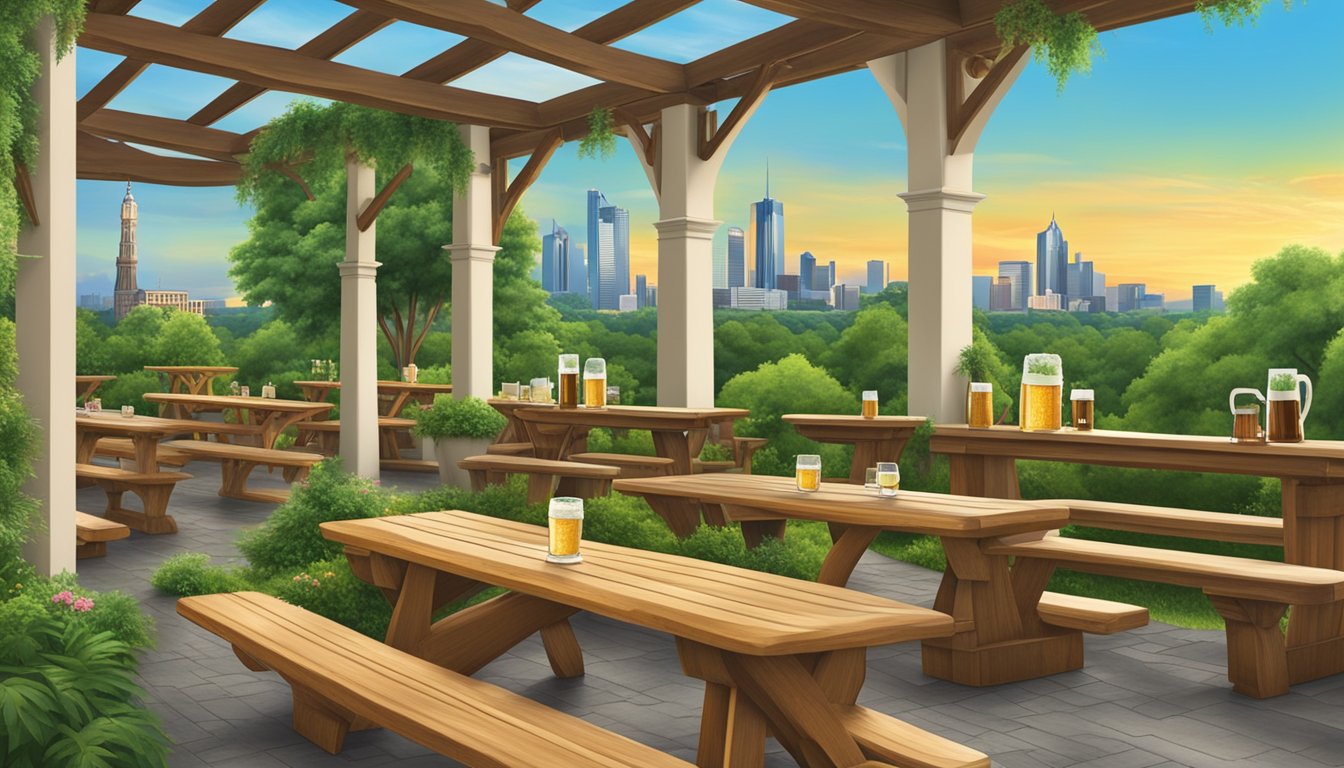 A traditional German beer garden with wooden benches, large beer steins, and pretzels, surrounded by lush greenery and a backdrop of the New Braunfels, TX skyline