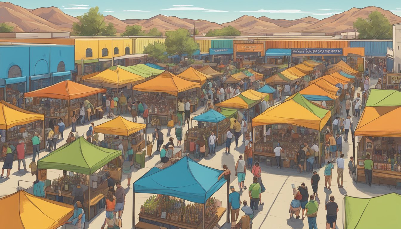 A bustling craft beer festival in El Paso, Texas, with rows of colorful booths showcasing iconic beer styles and brews. Patrons sample and socialize under a sunny sky