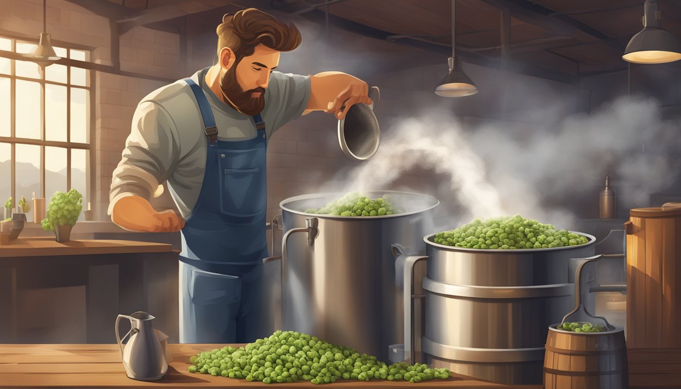 A brewery worker pours hops into a large metal kettle as steam rises and the aroma of fresh craft beer fills the air