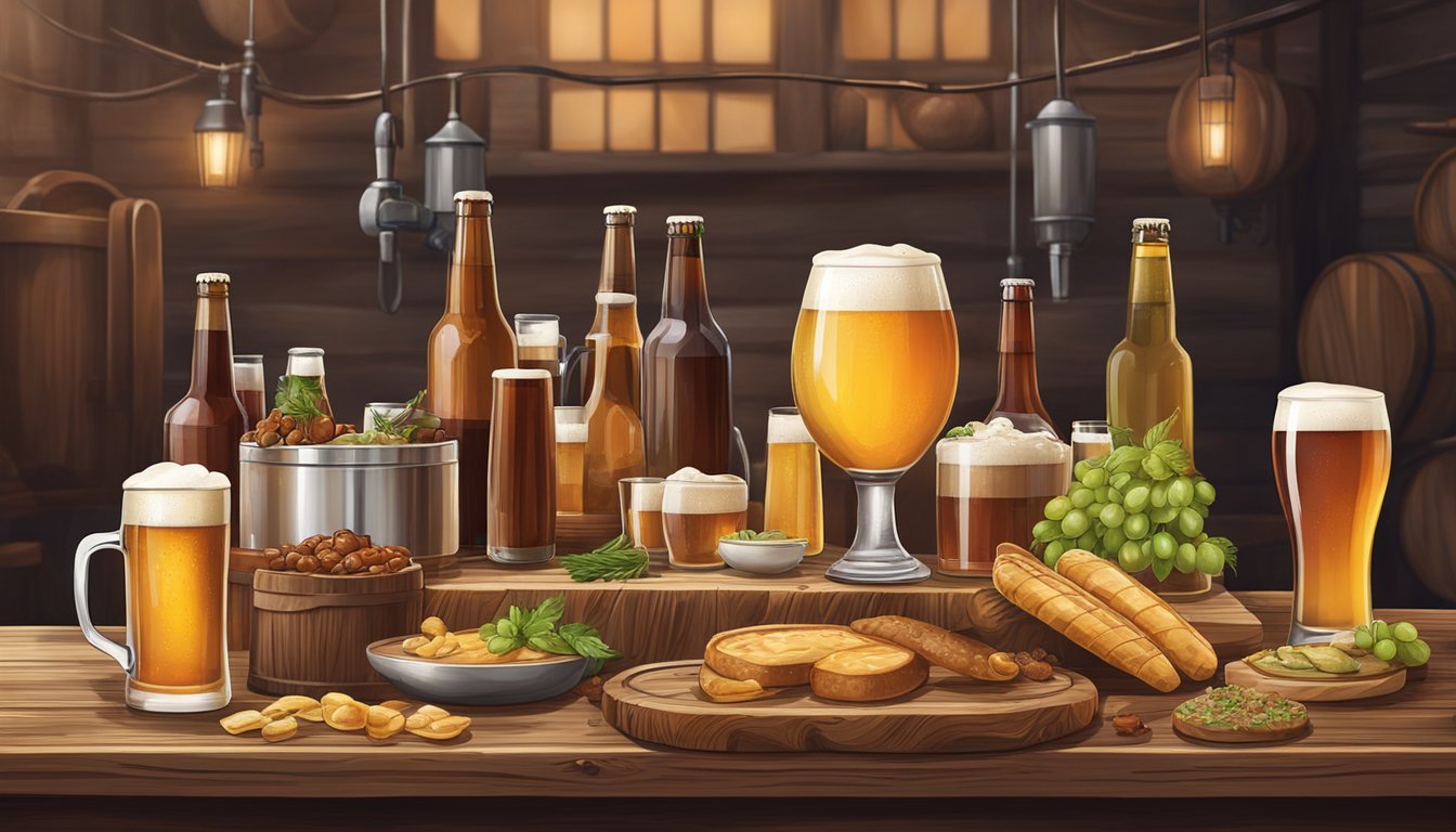 A rustic brewery with a variety of craft beer taps and a spread of artisanal food pairings on a wooden table