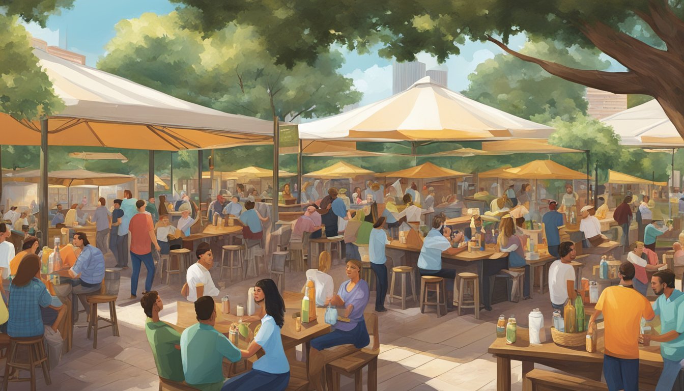 A bustling beer garden in Houston, TX showcases a variety of local craft beers, with patrons enjoying the lively atmosphere and cultural impact