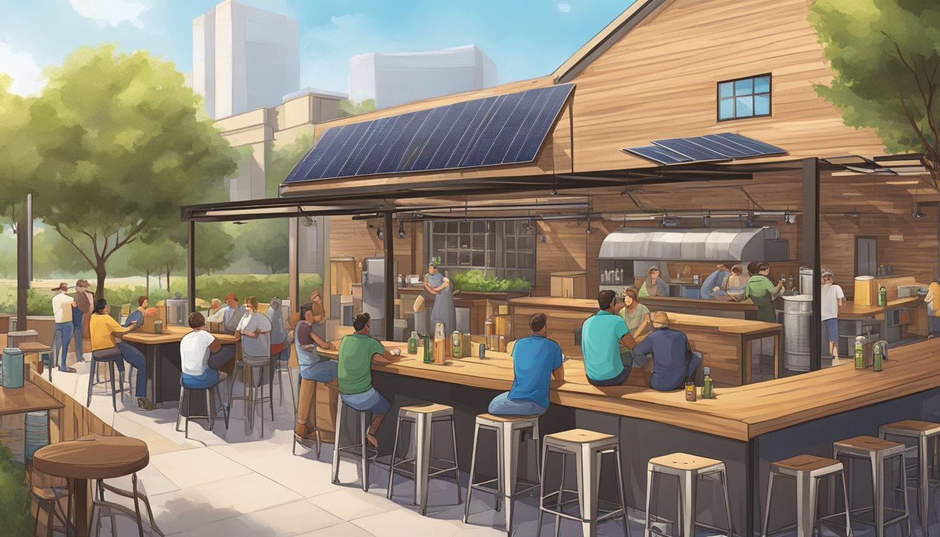 A bustling craft brewery in Houston, TX, with solar panels and recycling bins. Patrons enjoy locally brewed beer at outdoor tables