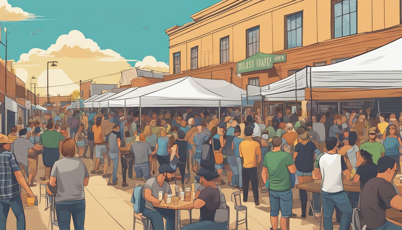 A bustling local craft beer festival in El Paso, TX, with vendors, live music, and happy customers enjoying the variety of brews