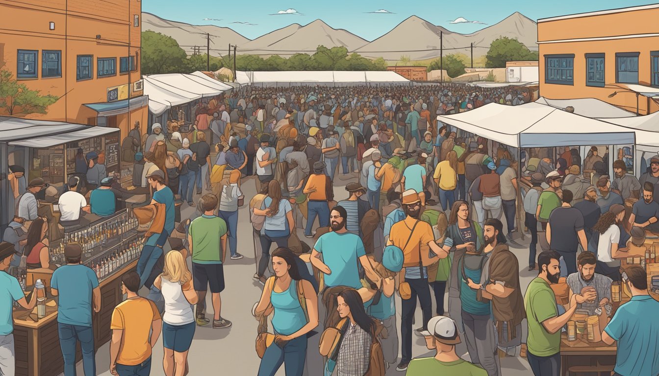 A bustling craft beer festival in El Paso, Texas, with vendors, live music, and enthusiastic beer enthusiasts sampling and discussing local brews