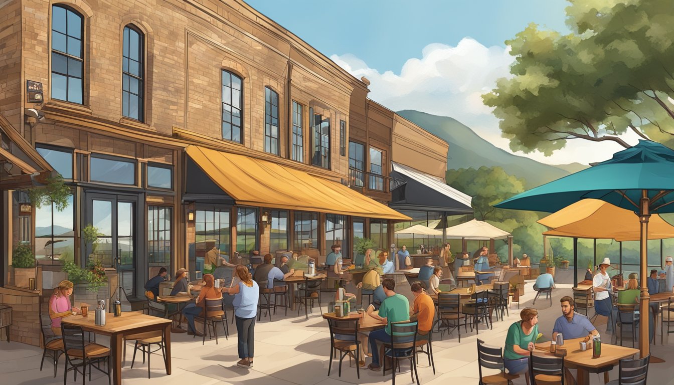 A bustling brewery district with vibrant outdoor patios and a variety of beer styles on tap, surrounded by the scenic Texas Hill Country