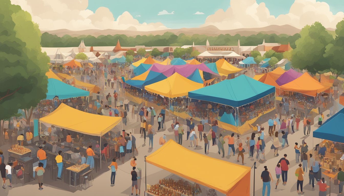 A bustling craft beer festival in Laredo, Texas, with rows of colorful tents and lively crowds enjoying tastings and live music