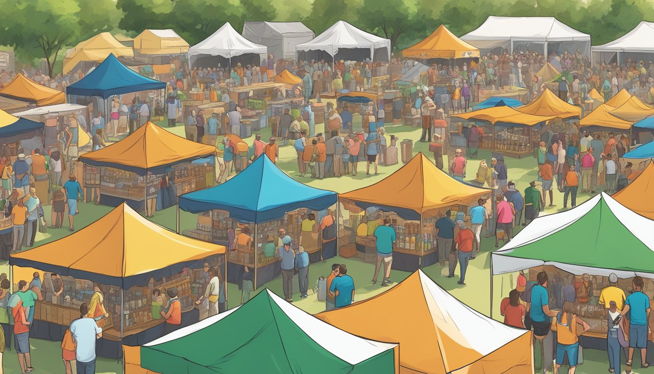 A bustling craft beer festival in Garland, Texas, with rows of colorful tents and a lively crowd enjoying samples of local brews