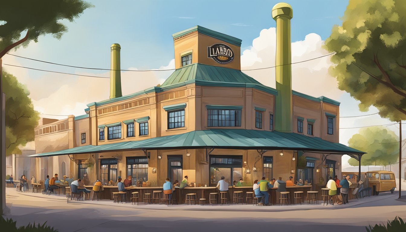 A bustling craft brewery scene with vibrant taprooms and outdoor seating, surrounded by the unique architecture of Laredo, Texas