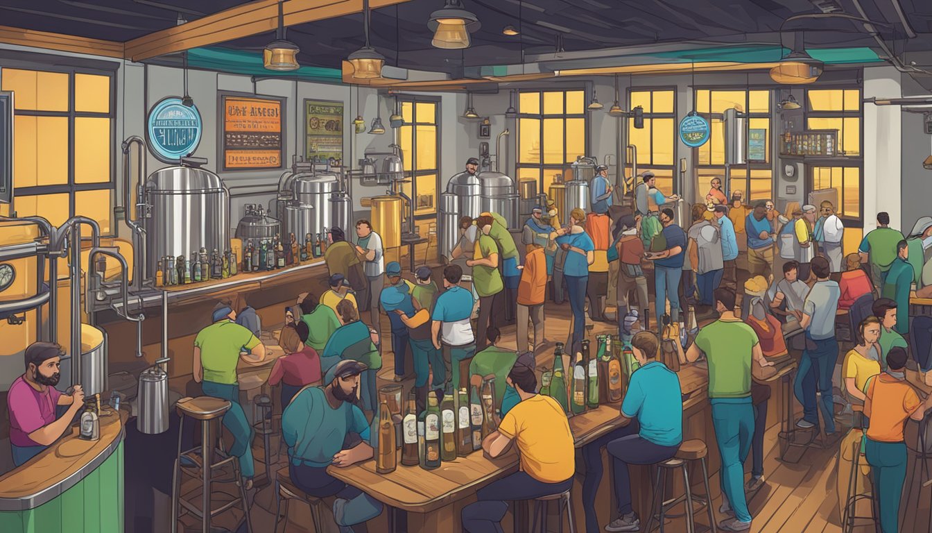 A bustling taproom with patrons enjoying locally brewed craft beers, surrounded by stainless steel brewing equipment and colorful beer labels