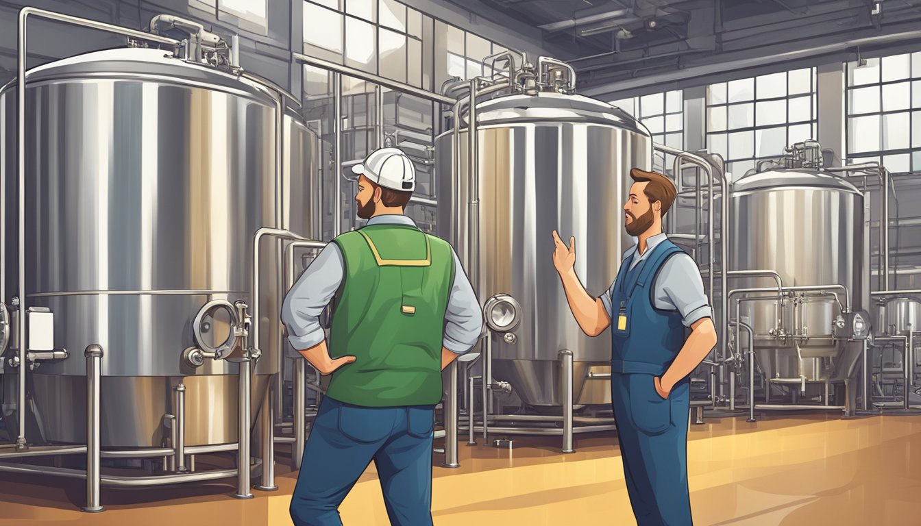 A brewery tour guide explains the beer-making process amid shiny stainless steel tanks and bubbling fermenters