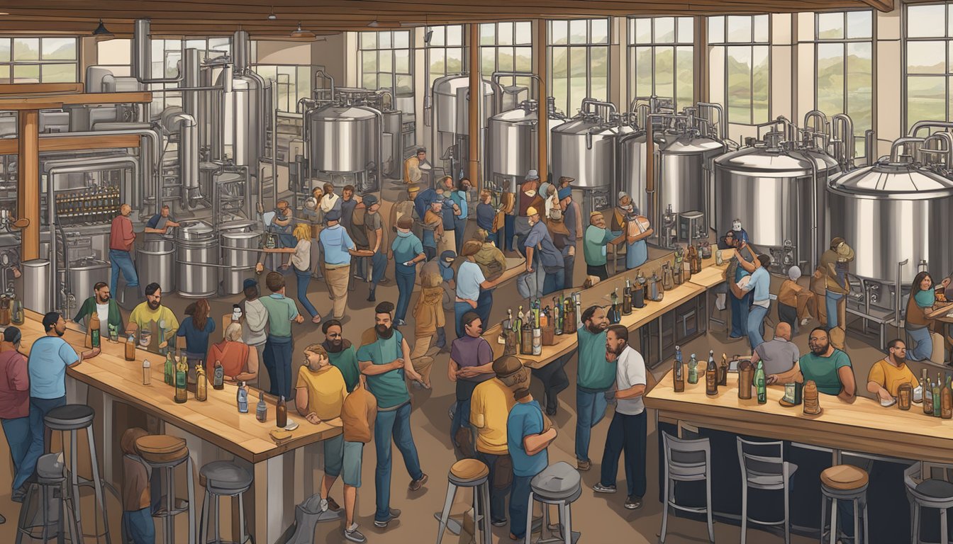 A bustling brewery scene in Pearland, TX with diverse craft beer options, lively patrons, and local pride