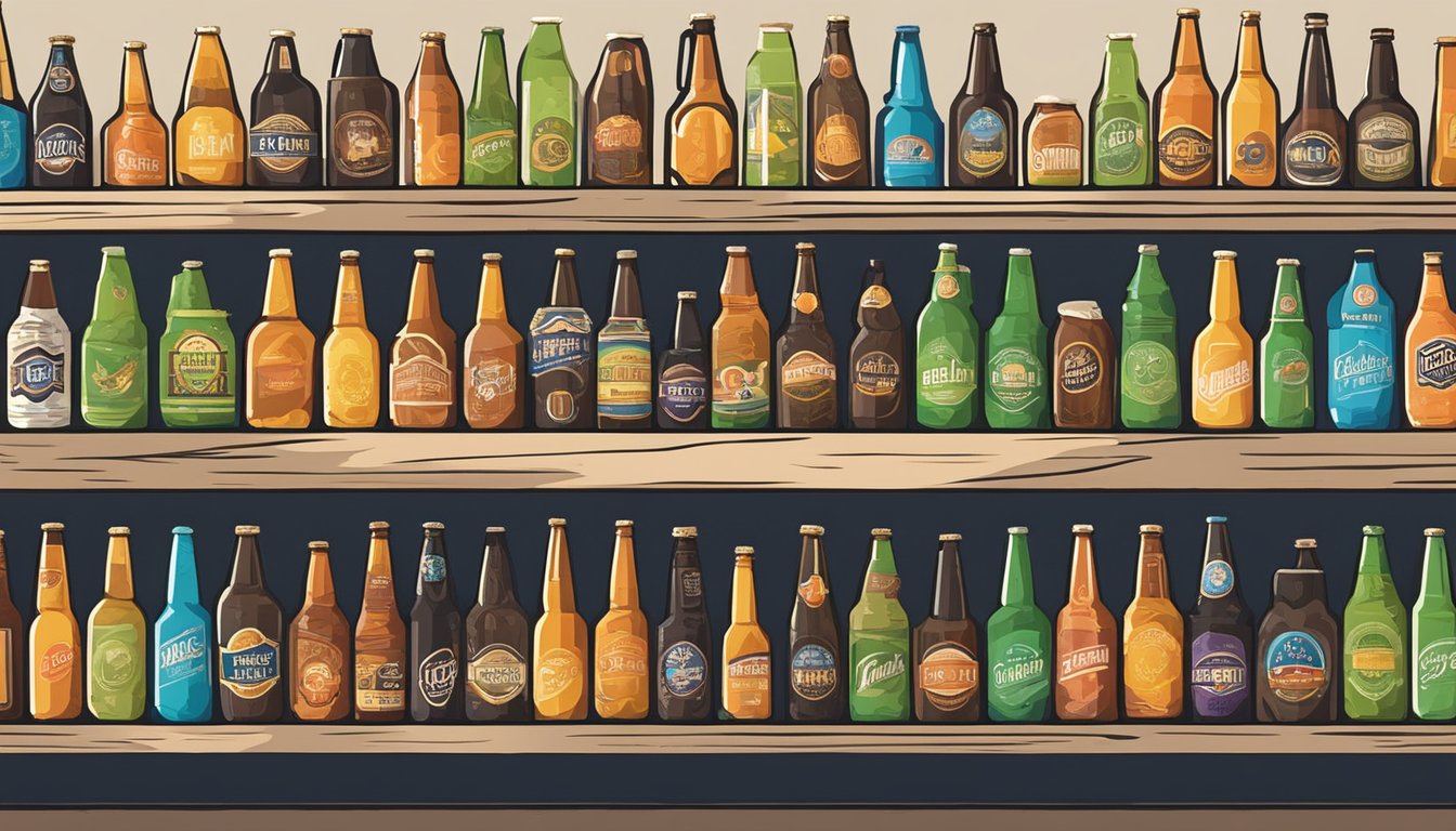 A row of colorful craft beer bottles and cans on display at a local brewery in Laredo, TX