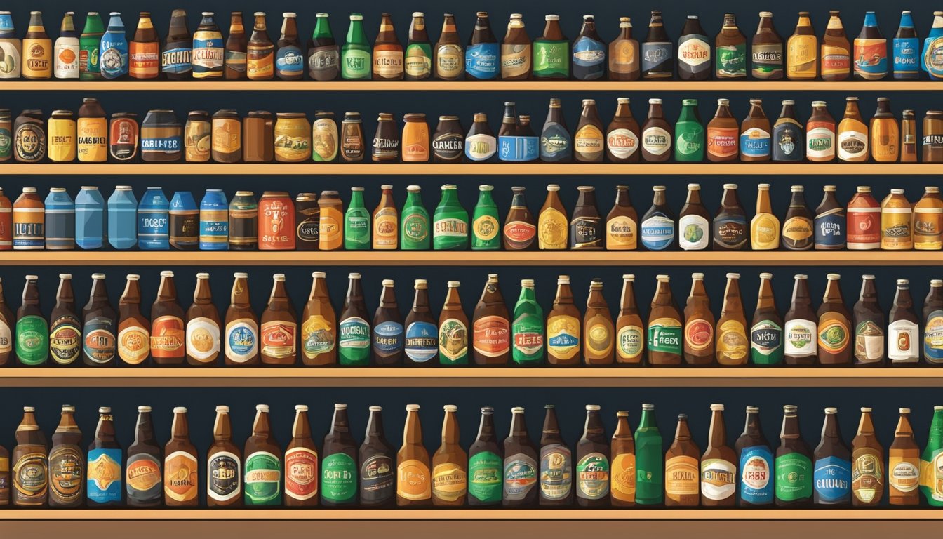 A colorful array of beer bottles and cans line the shelves of a craft beer store in Garland, TX, showcasing the wide variety of local brews available