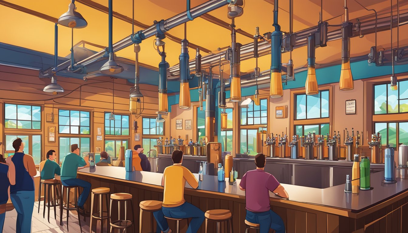 A bustling taproom with patrons enjoying local craft beer. Brewery equipment and colorful beer taps line the walls, creating a vibrant and inviting atmosphere