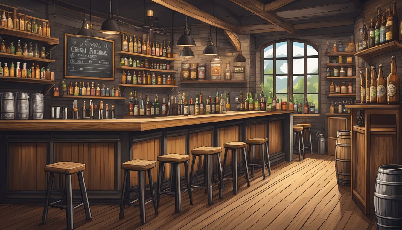 A cozy brewpub with rustic decor and a chalkboard menu, surrounded by shelves of craft beer bottles and a bar lined with taps