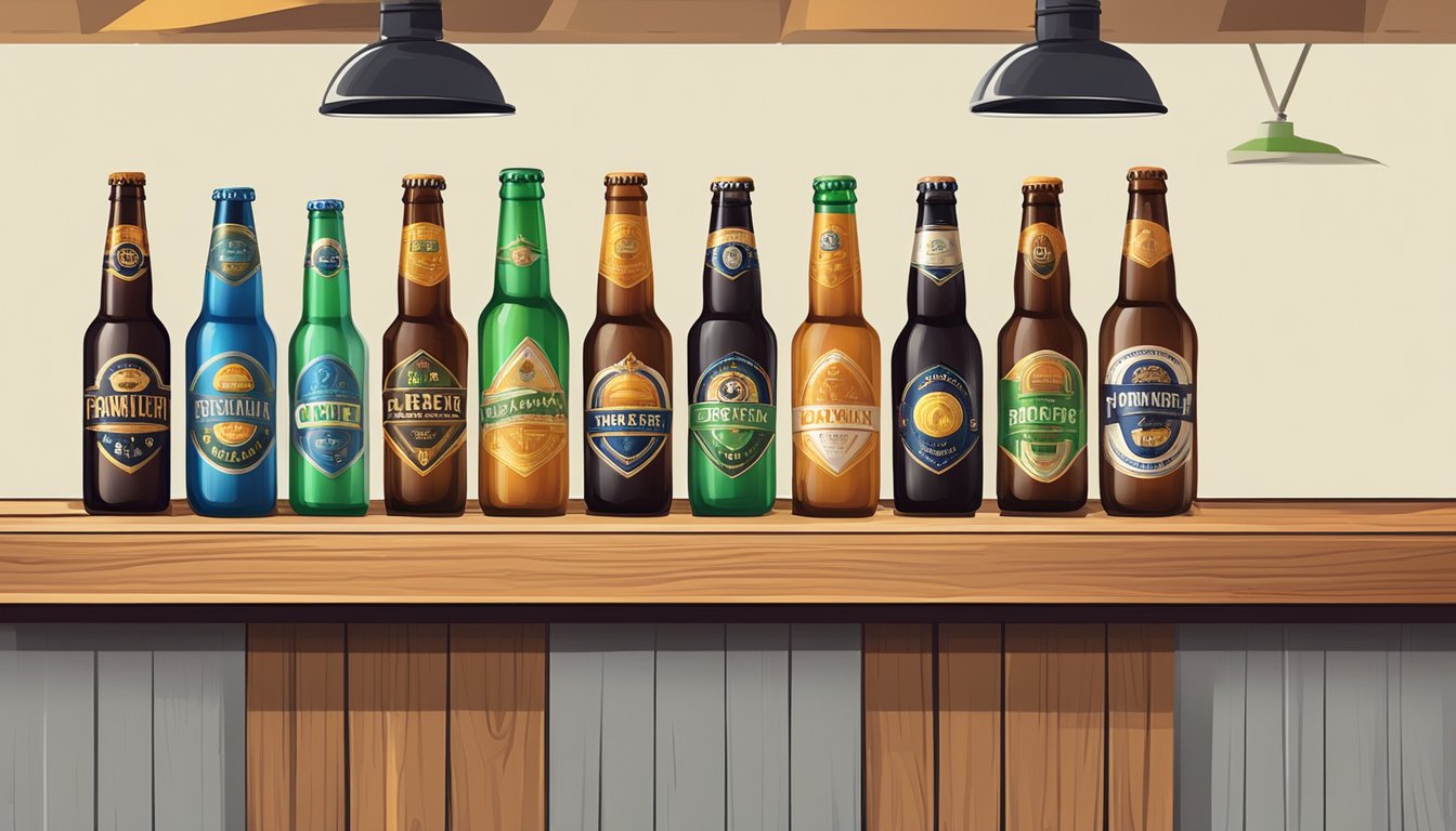 A row of colorful beer bottles and cans lined up on a wooden bar counter, with brewery logos and unique designs on display