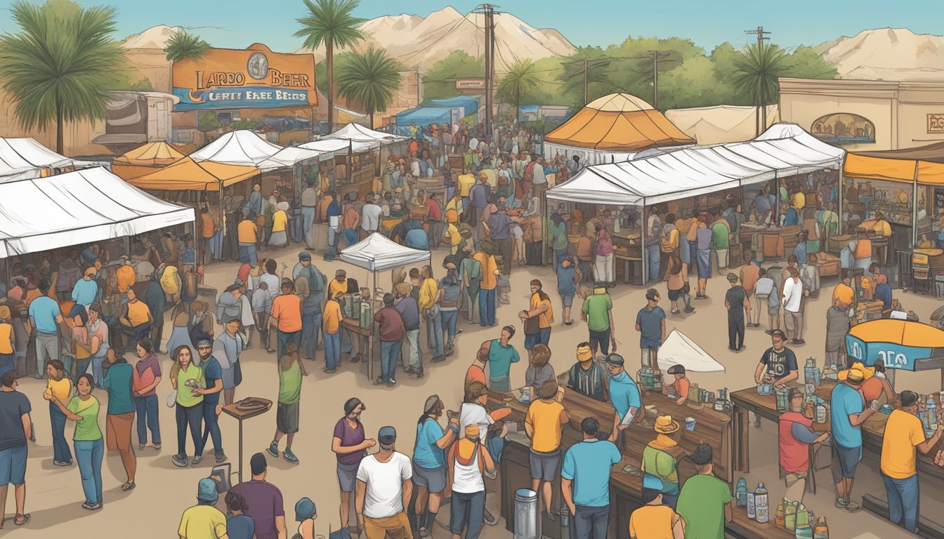 A bustling craft beer festival in Laredo, TX, with vendors promoting alcohol responsibility and showcasing a variety of local brews