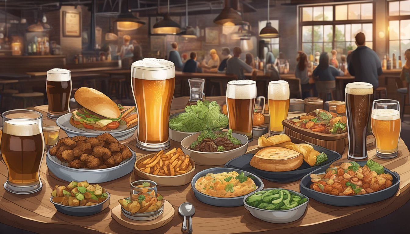 A table set with a variety of local craft beers and carefully paired food dishes, surrounded by a cozy, bustling atmosphere of a brewery in Garland, TX