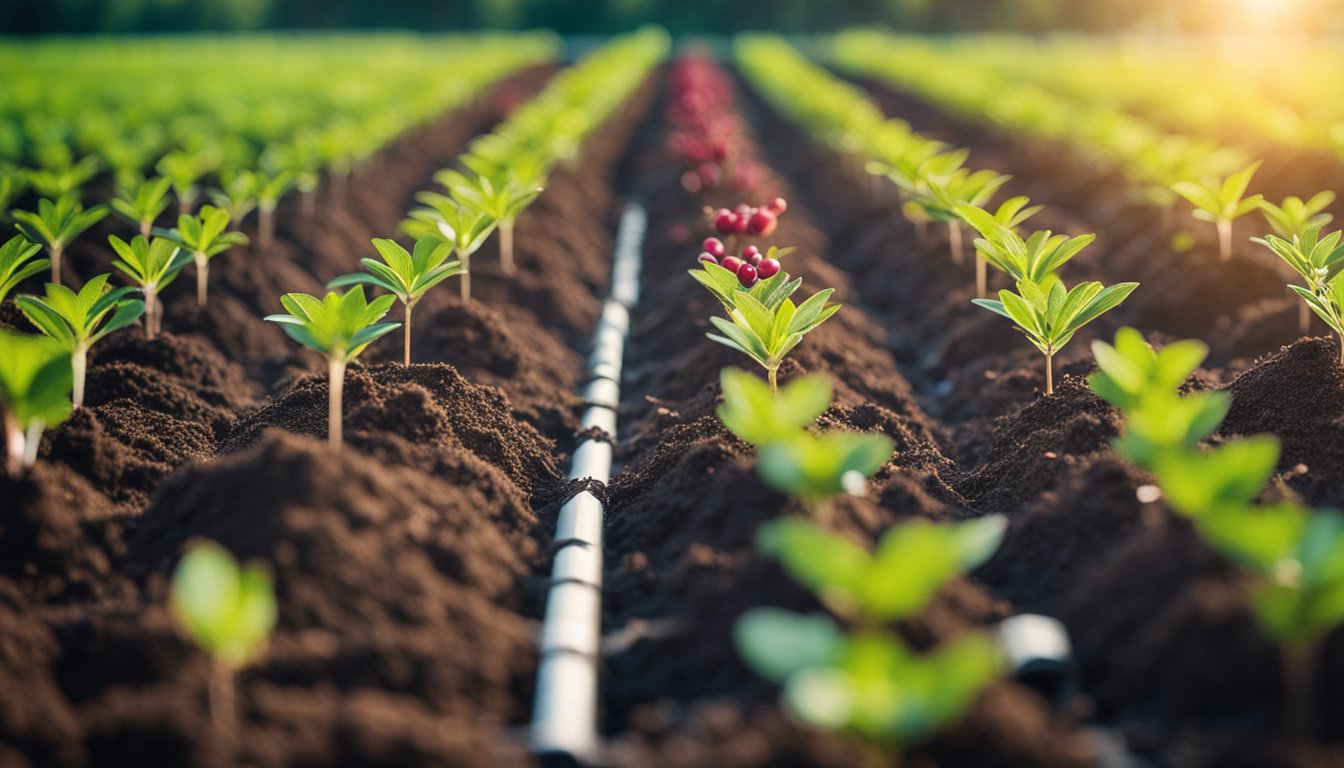 Rows of cranberry plants in raised bed with peat soil, water, and pine needles. pH meter sticks out