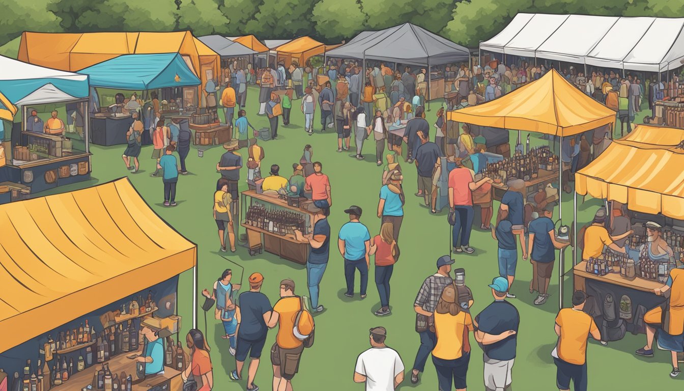 A bustling craft beer festival in Pearland, TX, with vendors, live music, and beer enthusiasts sampling local brews