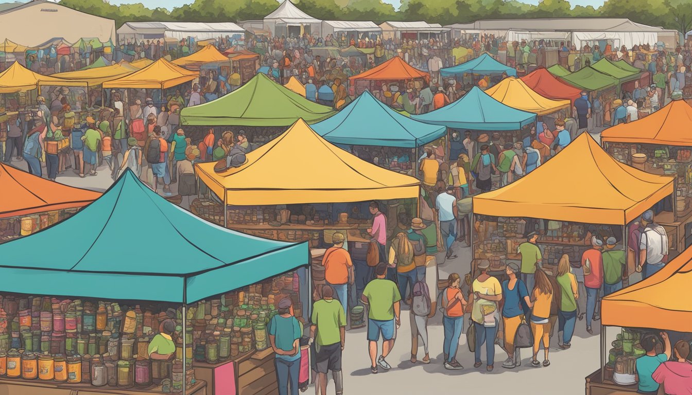 A bustling craft beer festival in Garland, TX, with rows of colorful vendor booths and a lively crowd sampling local brews