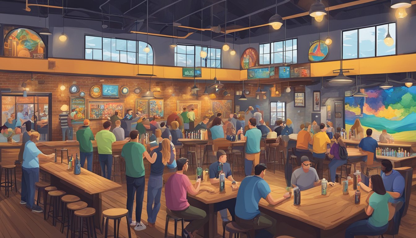 A bustling taproom filled with people enjoying locally brewed craft beer, surrounded by colorful murals and industrial decor in Pearland, TX