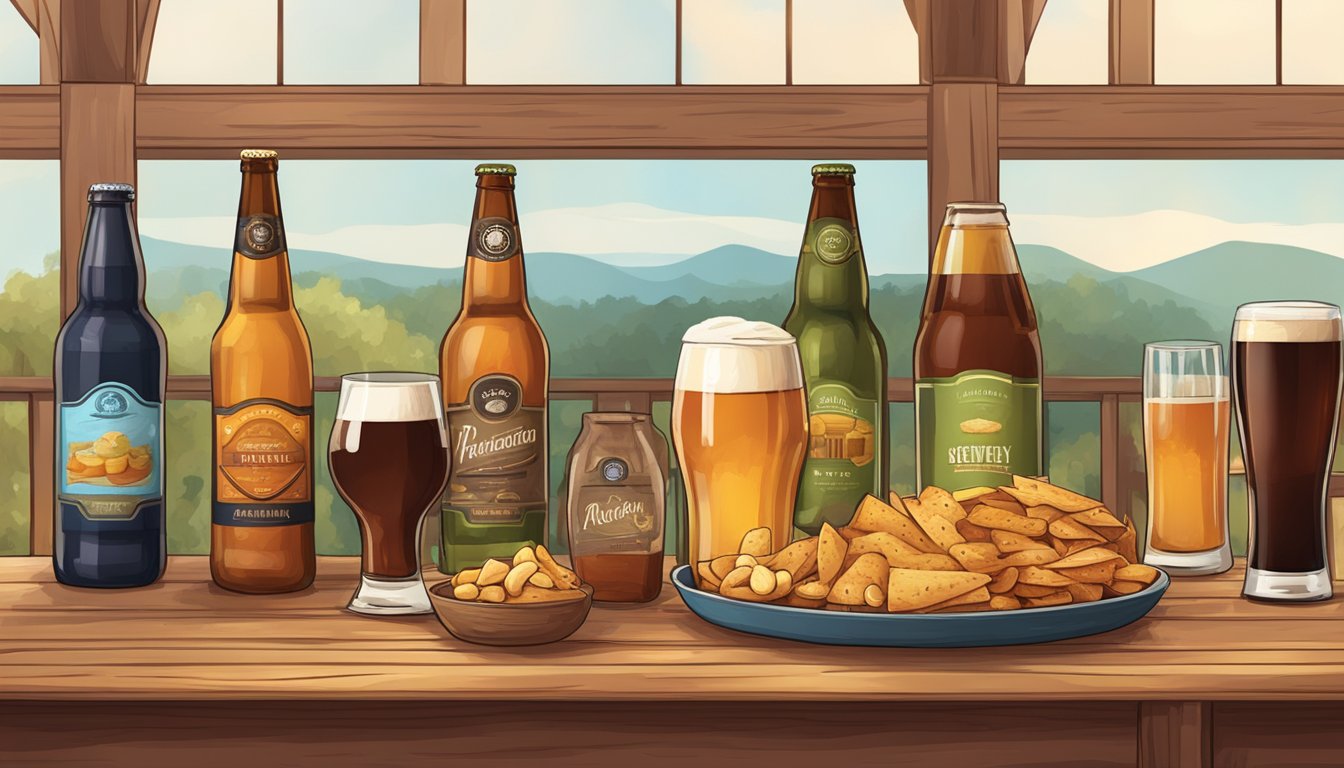 A cozy brewery scene with various non-beer offerings like artisanal snacks, local wines, and craft sodas displayed on wooden tables