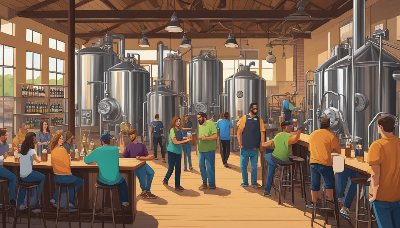 A bustling craft brewery scene in Lubbock, Texas, with patrons enjoying unique, locally brewed beers in a vibrant and welcoming atmosphere