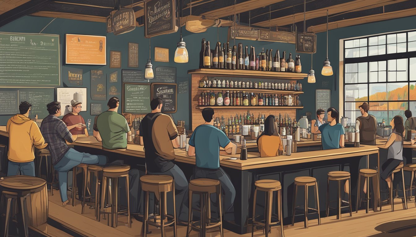 A bustling brewery taproom with diverse beer styles on tap, patrons chatting and savoring pints, and a chalkboard menu listing local craft beer options